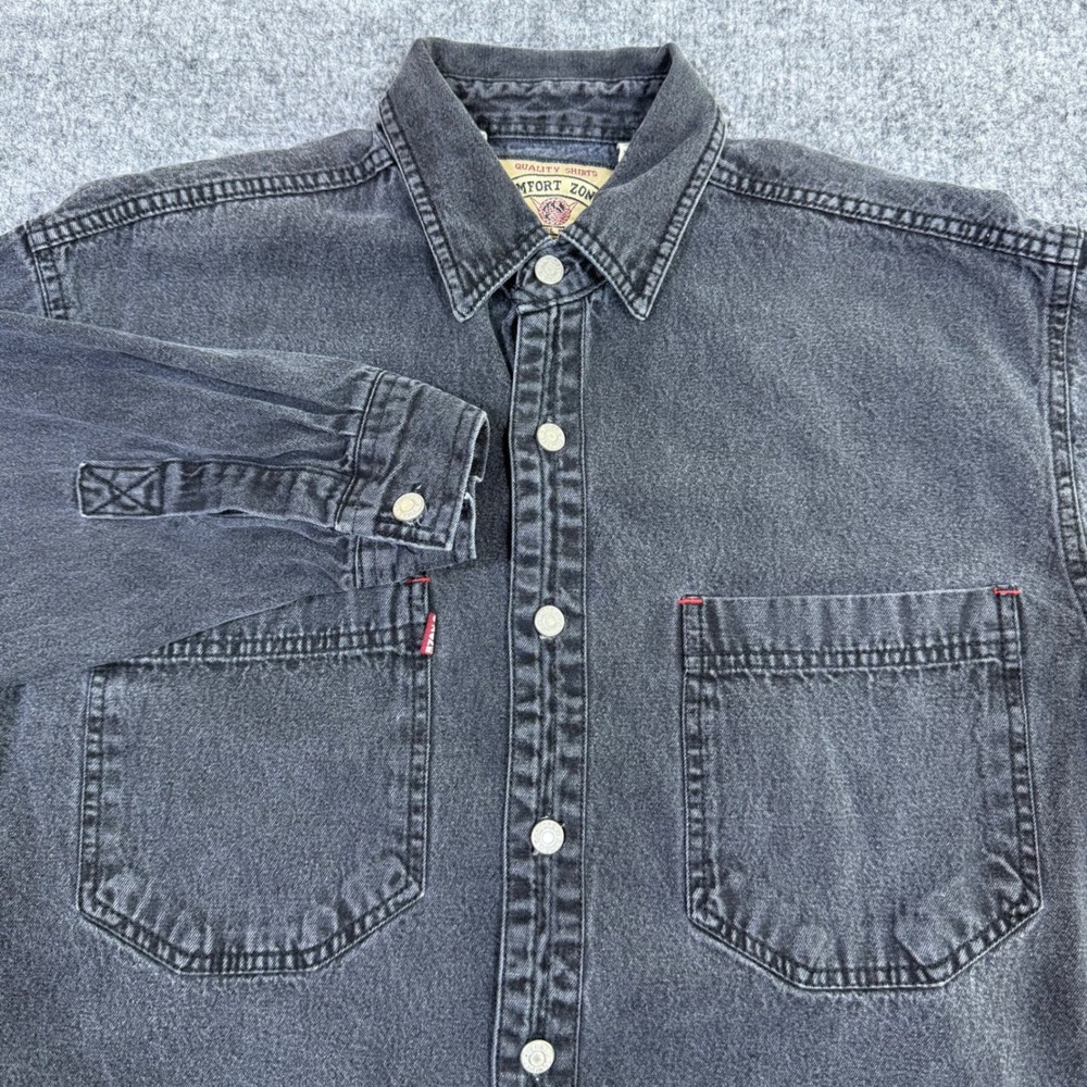 Comfort Zone Mens Faded Gorpcore Grunge  Black Denim Button Up Shirt Long Sleeve